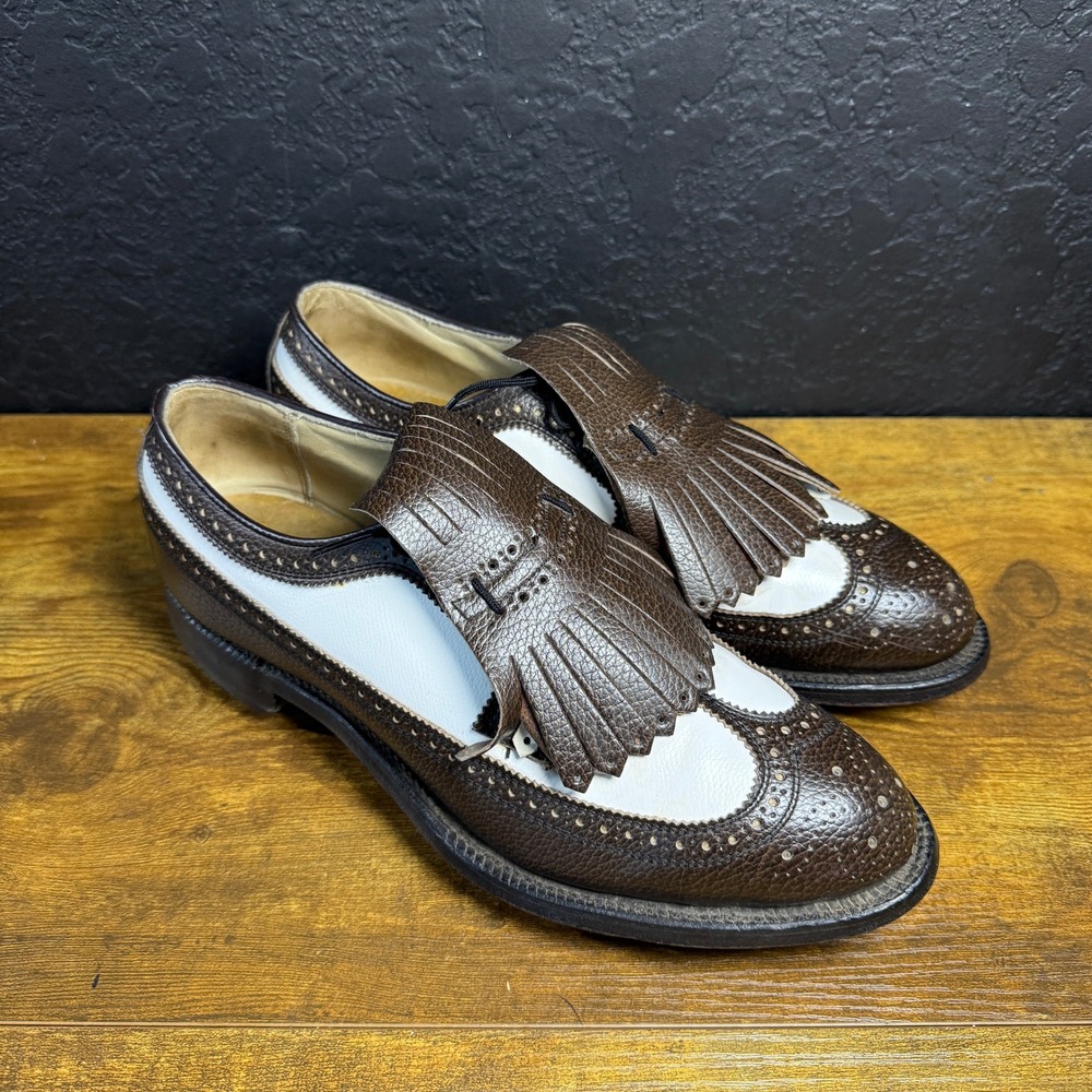 Etonic‎ Corfam Wingtip Kiltie Brown White Metal Spike Golf Shoes Mens 7.5 C